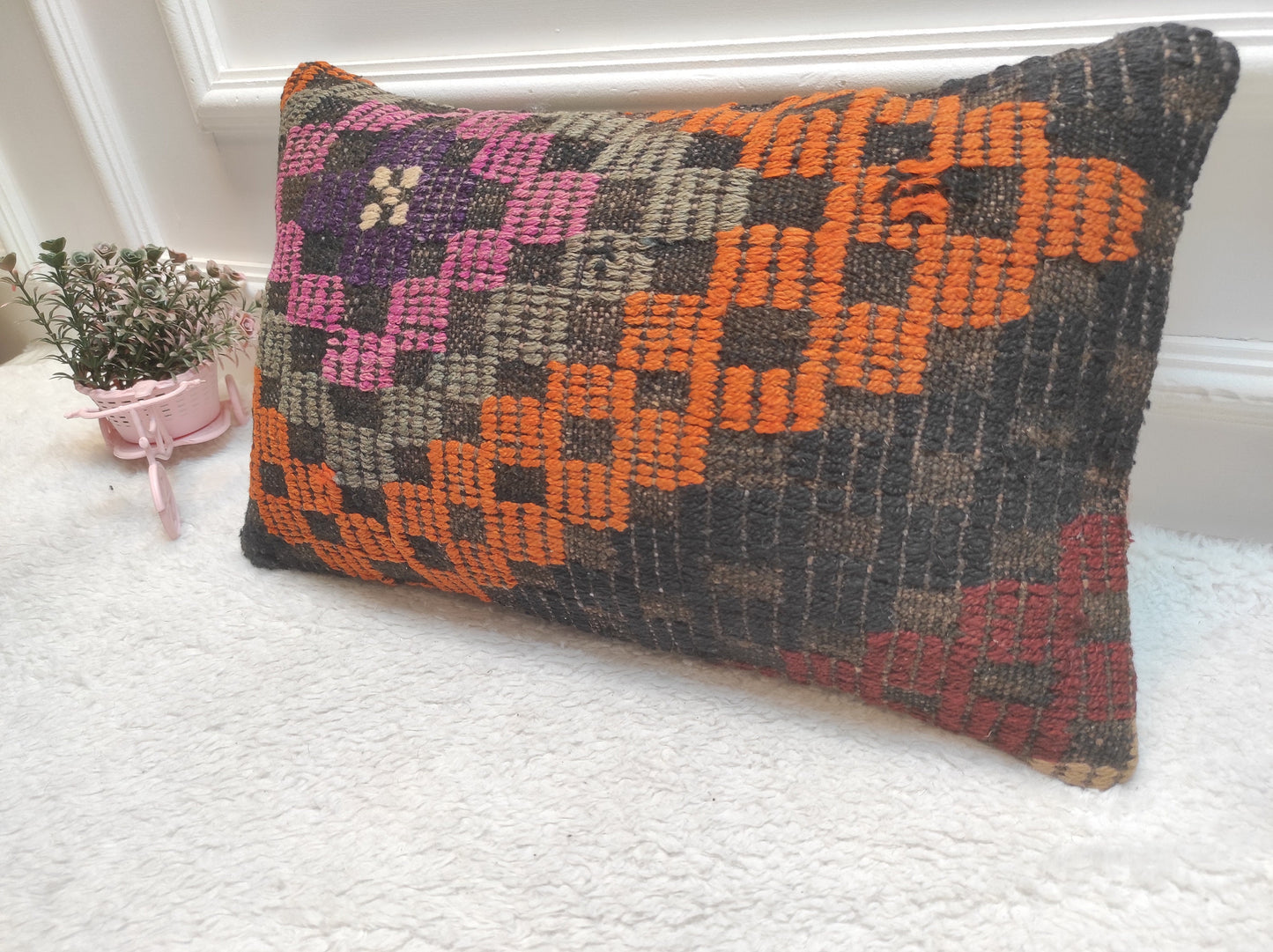 Handmade Kilim Lumbar Pillow Cover: 12x20 inc Upcycled Woven Rug