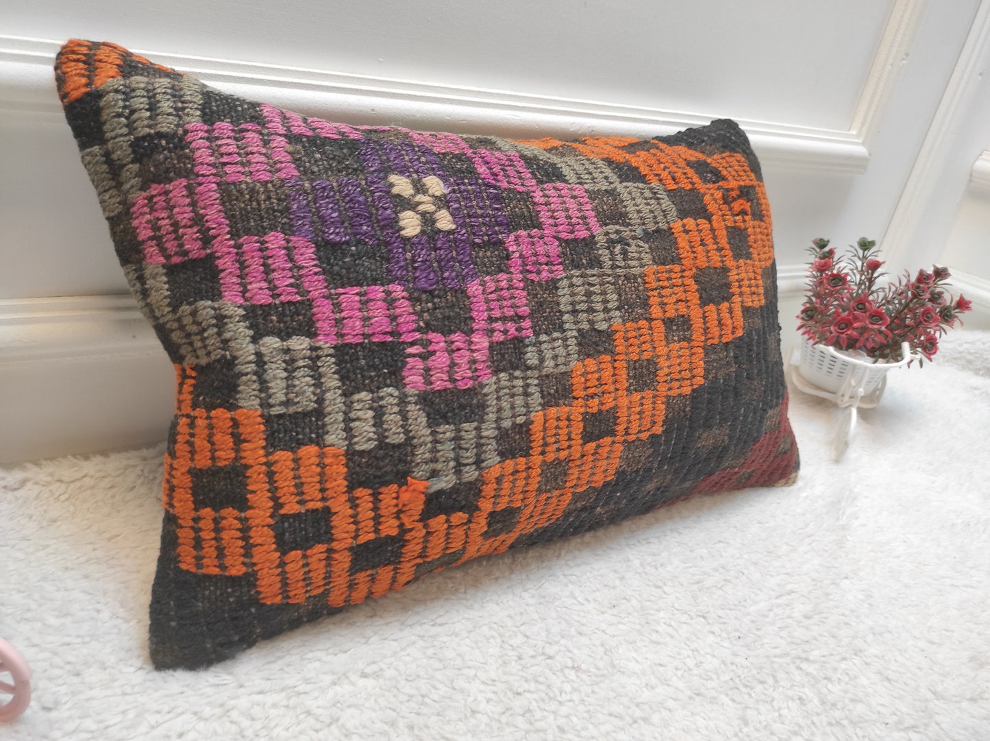Handmade Kilim Lumbar Pillow Cover: 12x20 inc Upcycled Woven Rug
