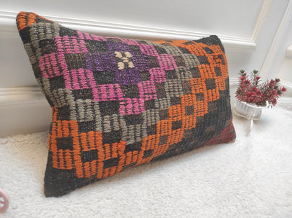 Handmade Kilim Lumbar Pillow Cover: 12x20 inc Upcycled Woven Rug