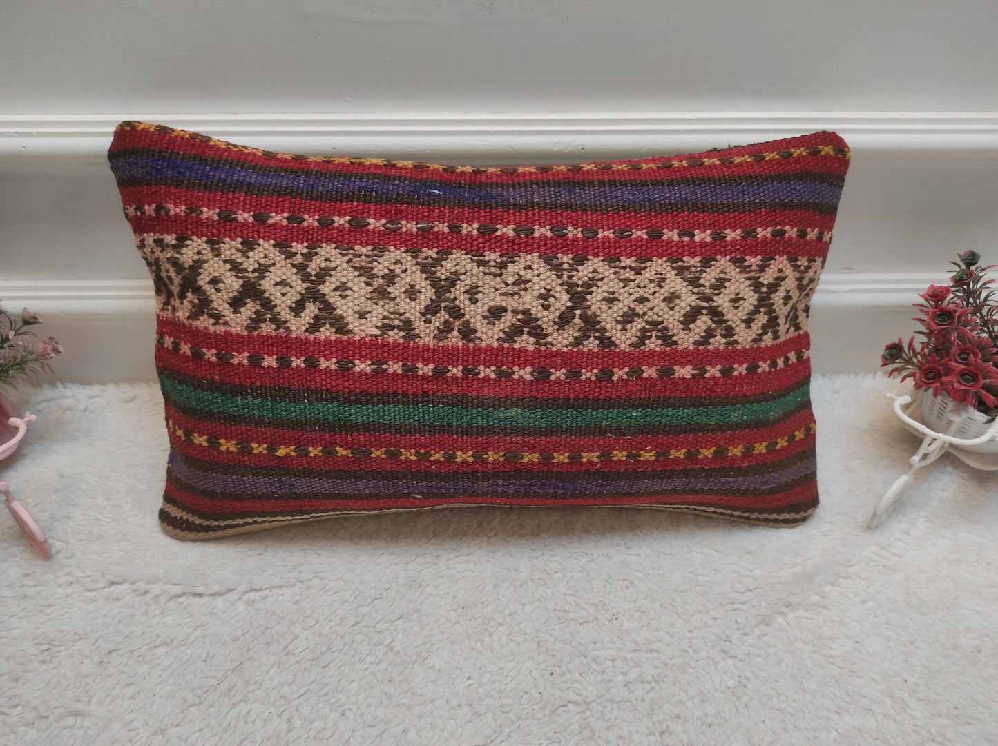 Handmade Kilim Lumbar Pillow Cover: Striped Woven Rug, 12x20 inch