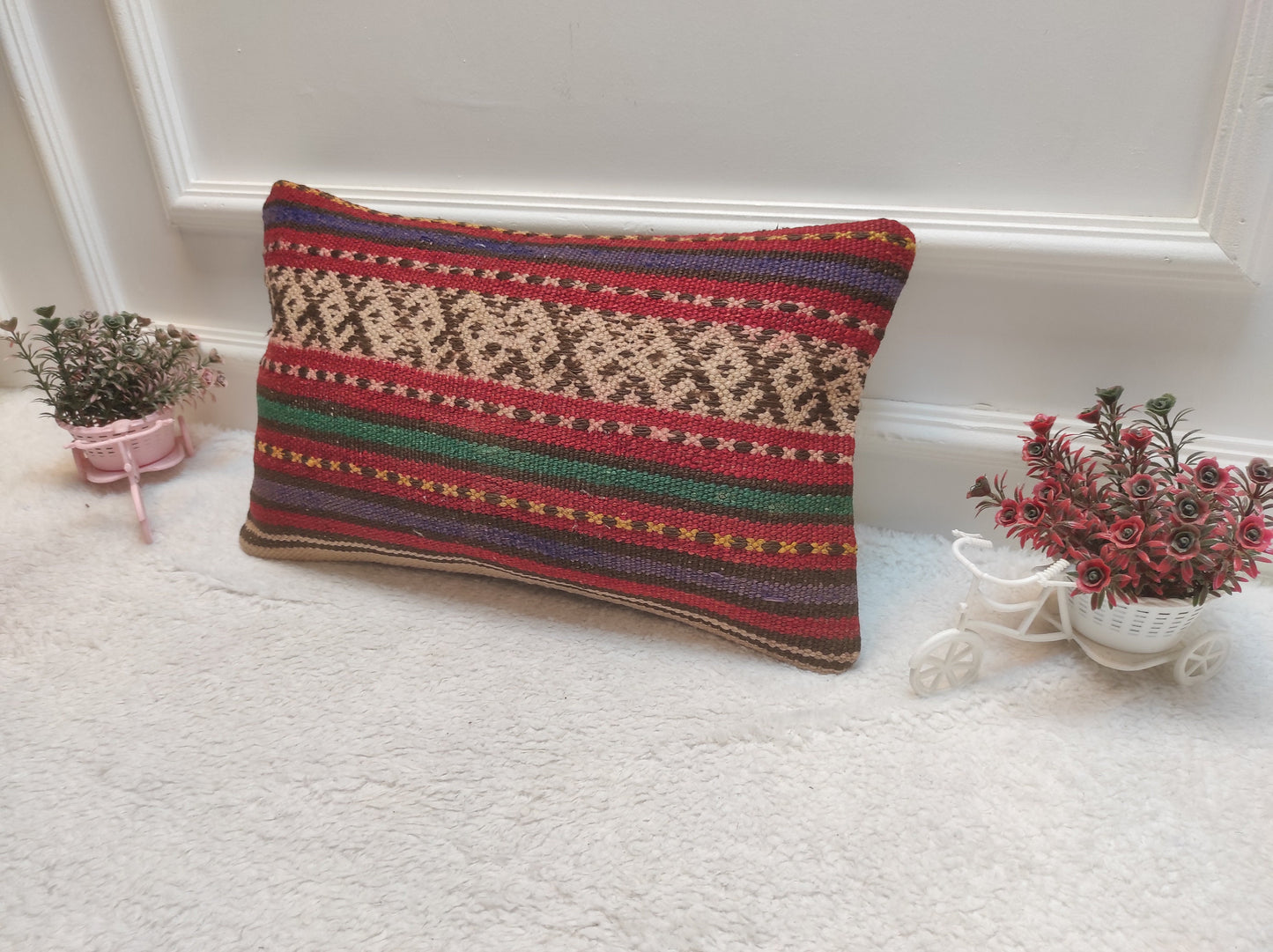 Handmade Kilim Lumbar Pillow Cover: Striped Woven Rug, 12x20 inch