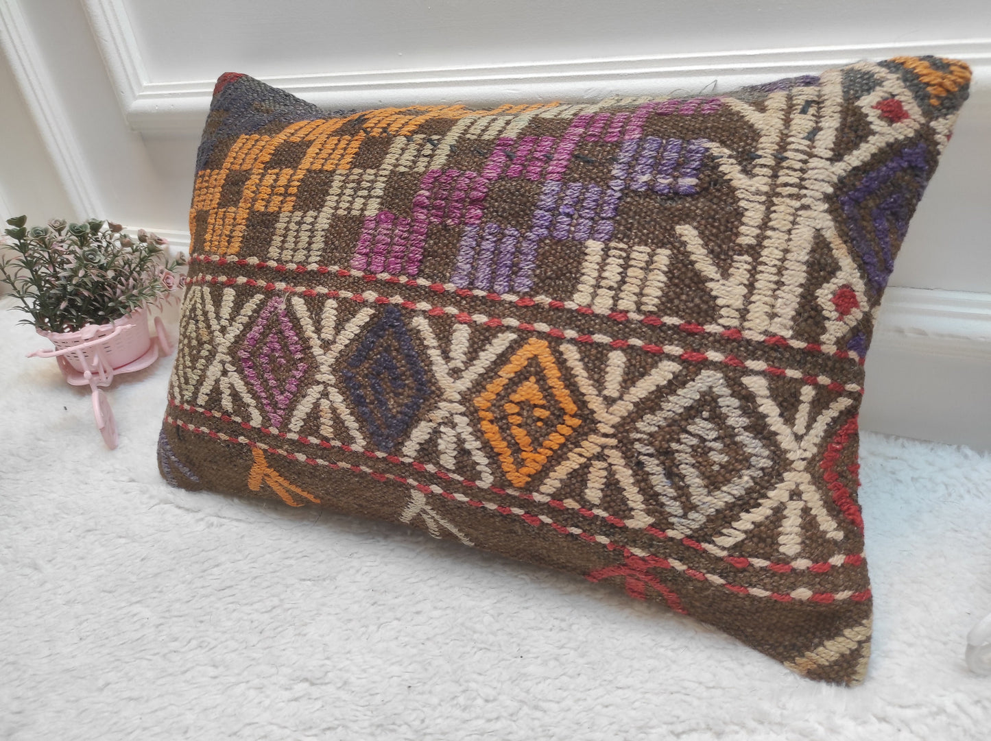 Handmade Kilim Lumbar Pillow Cover: Boho Woven Rug Cushion (12x20 in)