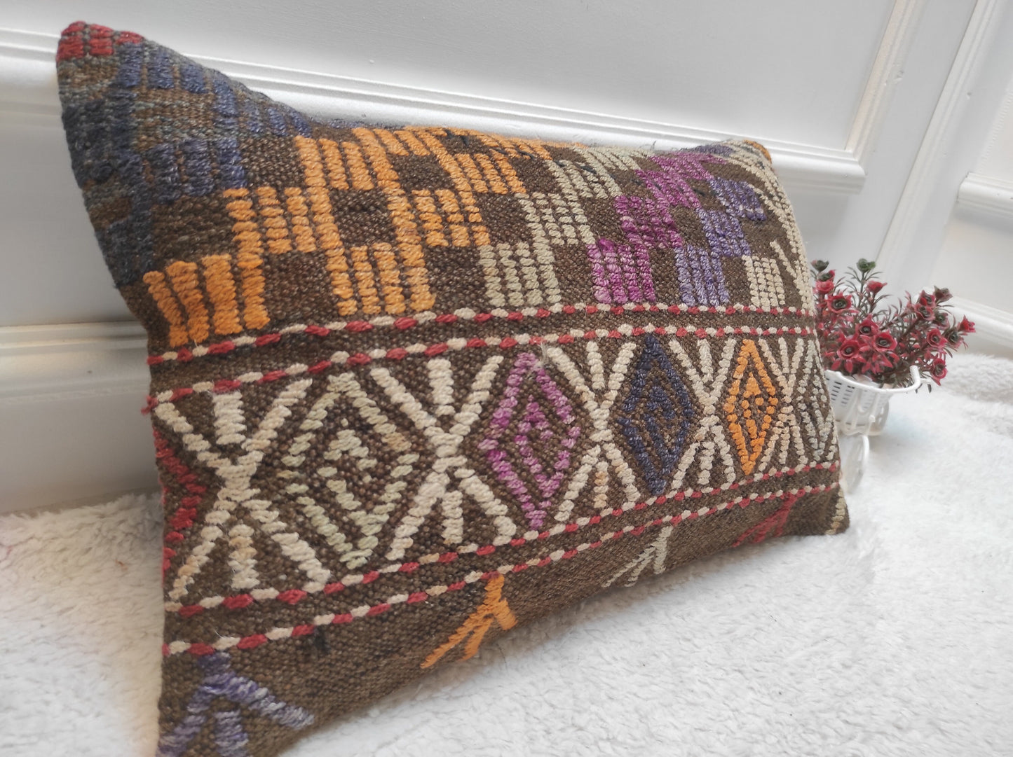 Handmade Kilim Lumbar Pillow Cover: Boho Woven Rug Cushion (12x20 in)