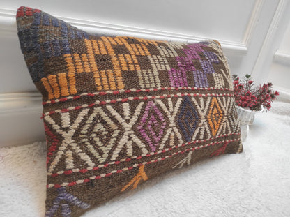 Handmade Kilim Lumbar Pillow Cover: Boho Woven Rug Cushion (12x20 in)