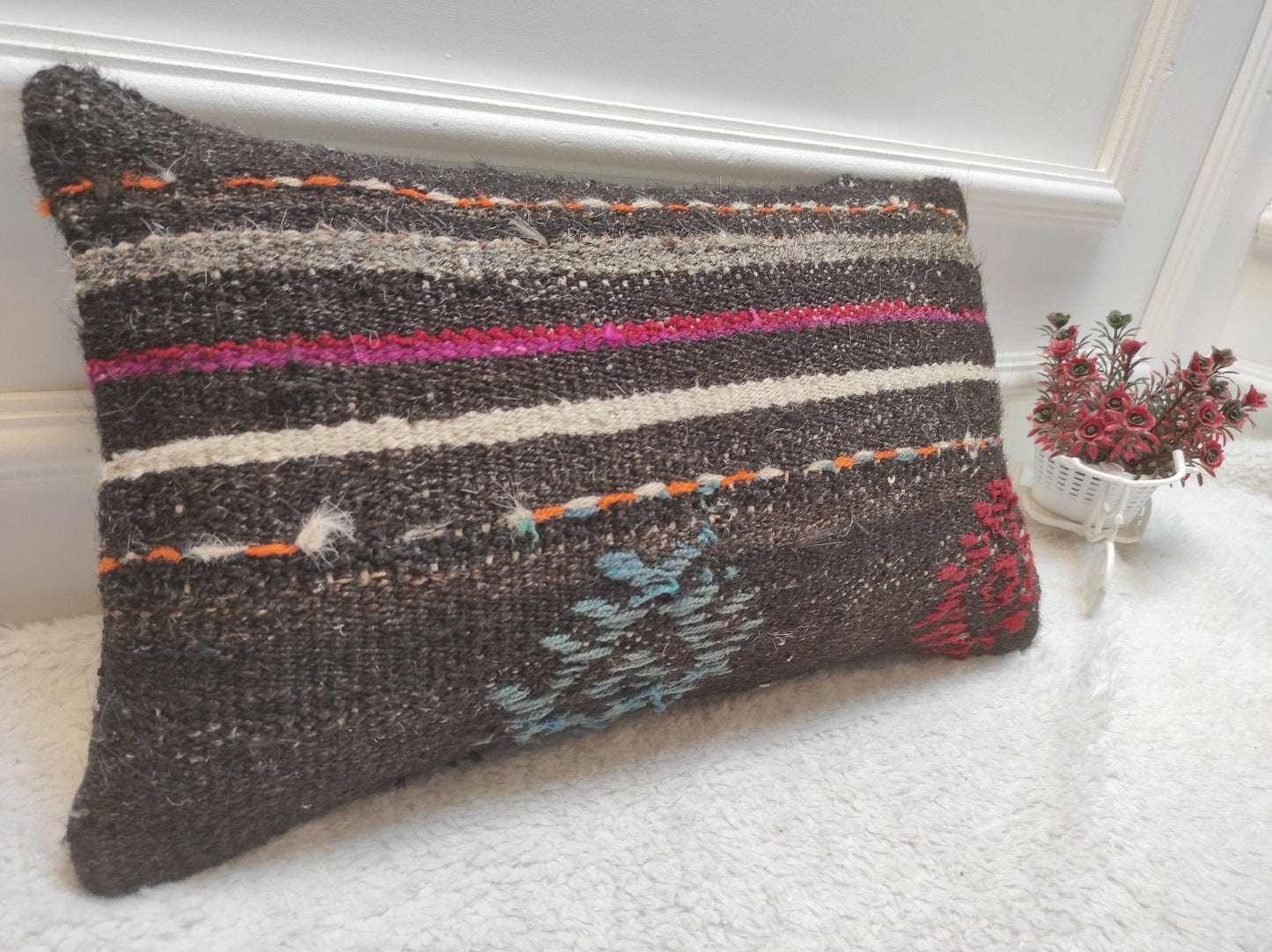 Handmade Kilim Lumbar Pillow Cover: Upcycled Woven Rug, Boho Decor (12x20 in)
