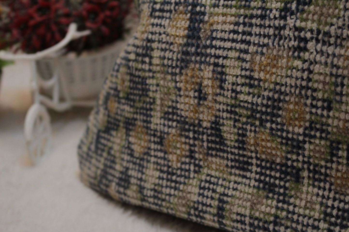Floral Turkish Rug Pillow: Blue Beige Wool Lumbar Cover (12x24 in)