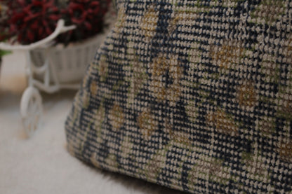 Floral Turkish Rug Pillow: Blue Beige Wool Lumbar Cover (12x24 in)