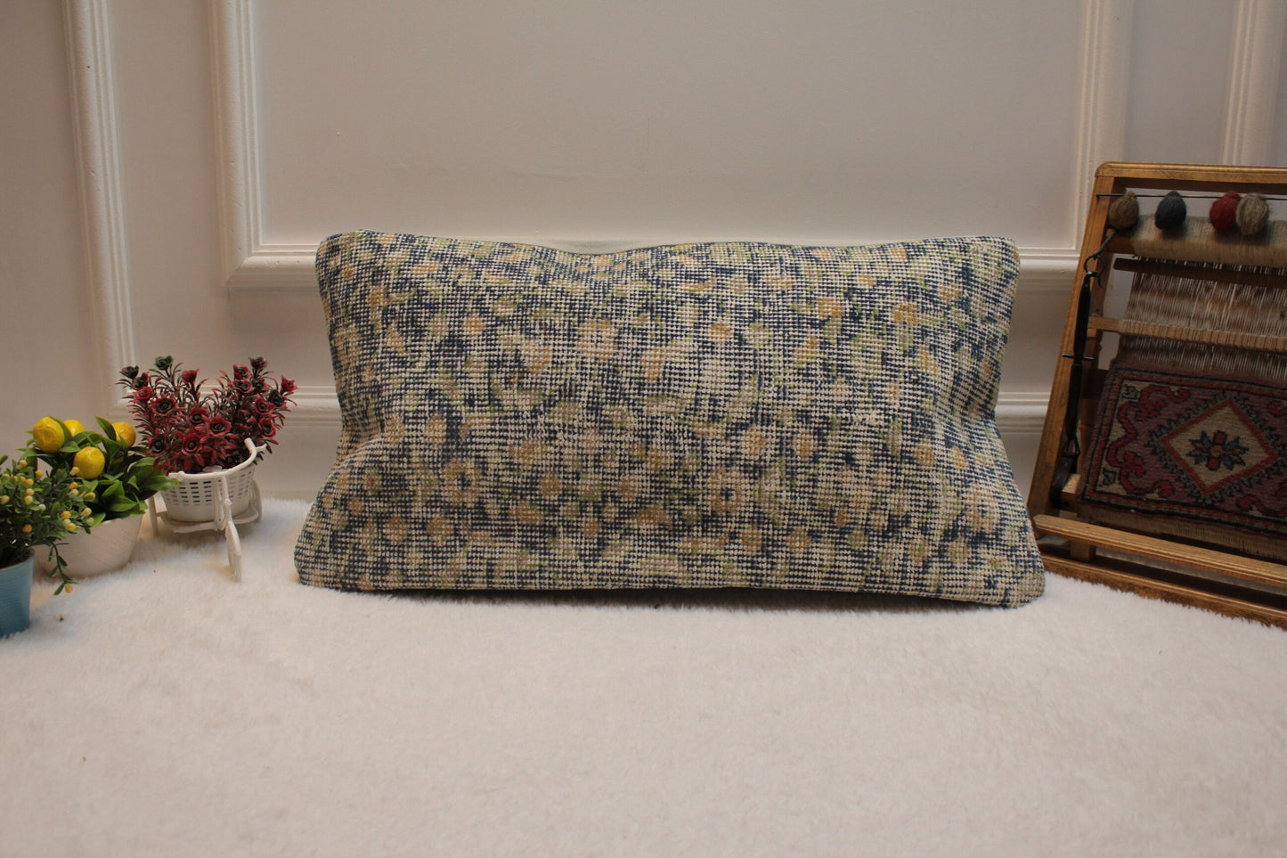 Floral Turkish Rug Pillow: Blue Beige Wool Lumbar Cover (12x24 in)