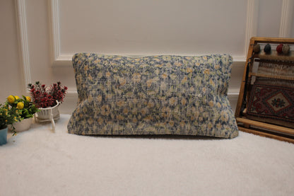 Floral Turkish Rug Pillow: Blue Beige Wool Lumbar Cover (12x24 in)