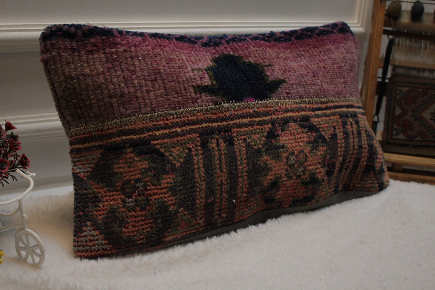 Handmade Turkish Rug Lumbar Pillow Cover: Organic Wool, 12x24 inc