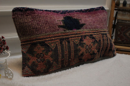 Handmade Turkish Rug Lumbar Pillow Cover: Organic Wool, 12x24 inc