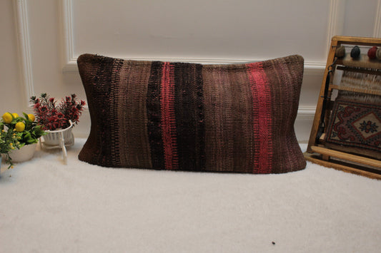 12x24 Boho Kilim Pillow Cover: Handmade Organic Wool, Striped Brown Decor