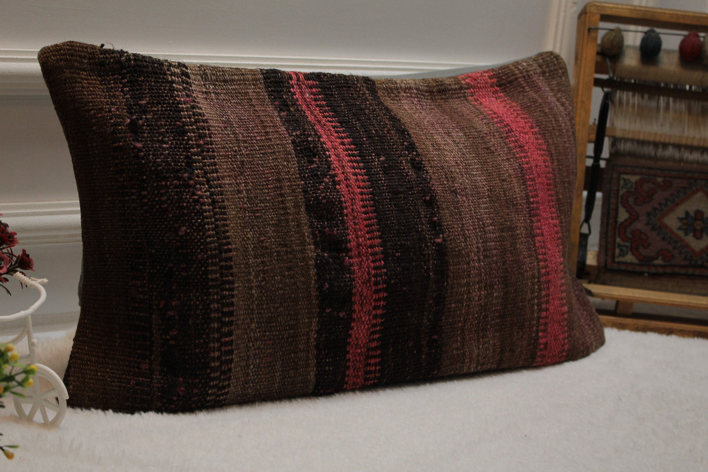 12x24 Boho Kilim Pillow Cover: Handmade Organic Wool, Striped Brown Decor