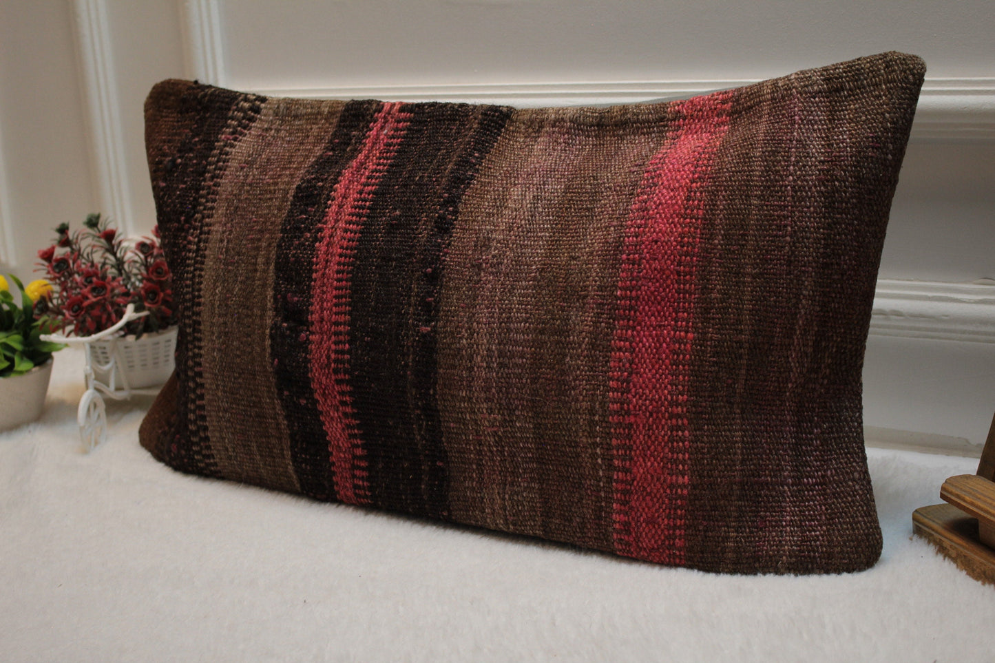 12x24 Boho Kilim Pillow Cover: Handmade Organic Wool, Striped Brown Decor