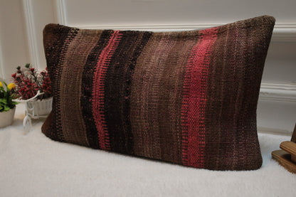 12x24 Boho Kilim Pillow Cover: Handmade Organic Wool, Striped Brown Decor
