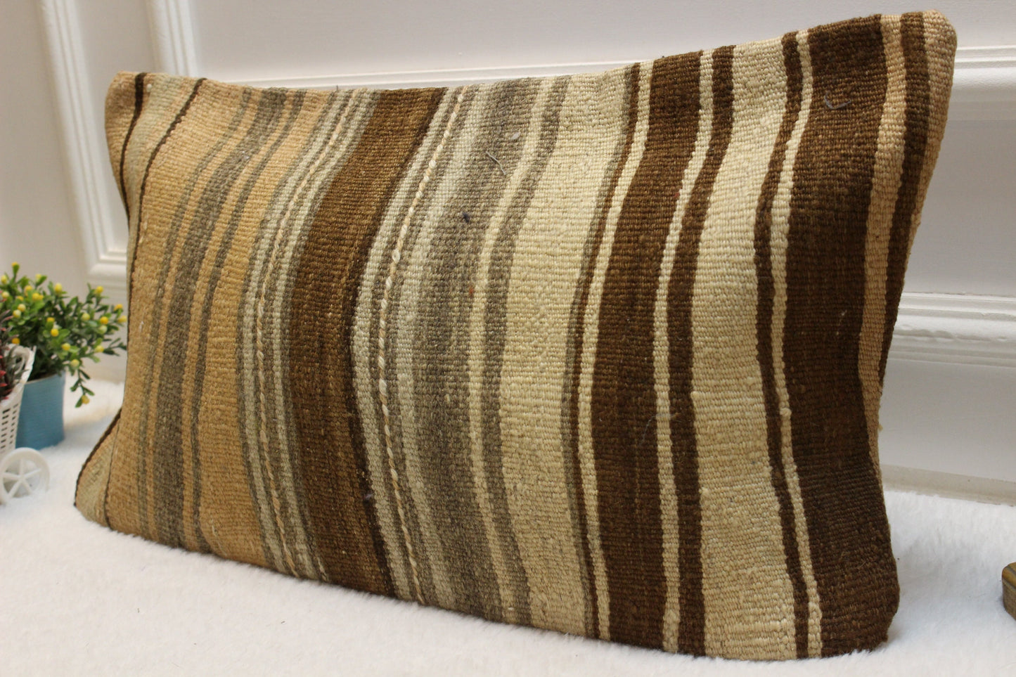 Handmade Kilim Pillow Cover: Striped Woven Wool, 12x24 inch