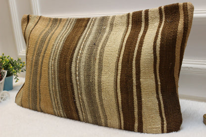 Handmade Kilim Pillow Cover: Striped Woven Wool, 12x24 inch