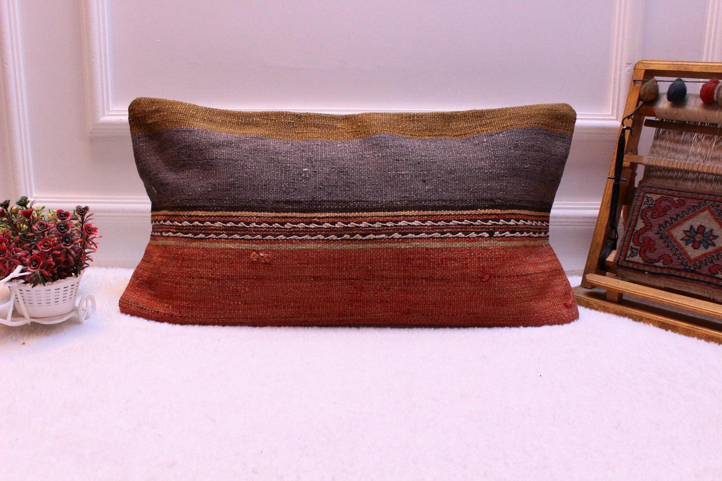 Handmade Kilim Pillow Cover: Organic Wool Anatolian Design (12x24 inc)