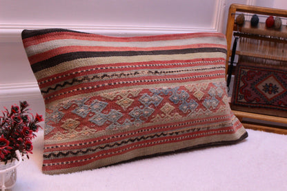 Turkish Kilim Lumbar Pillow Cover: Boho Organic Wool (12x24 inc)