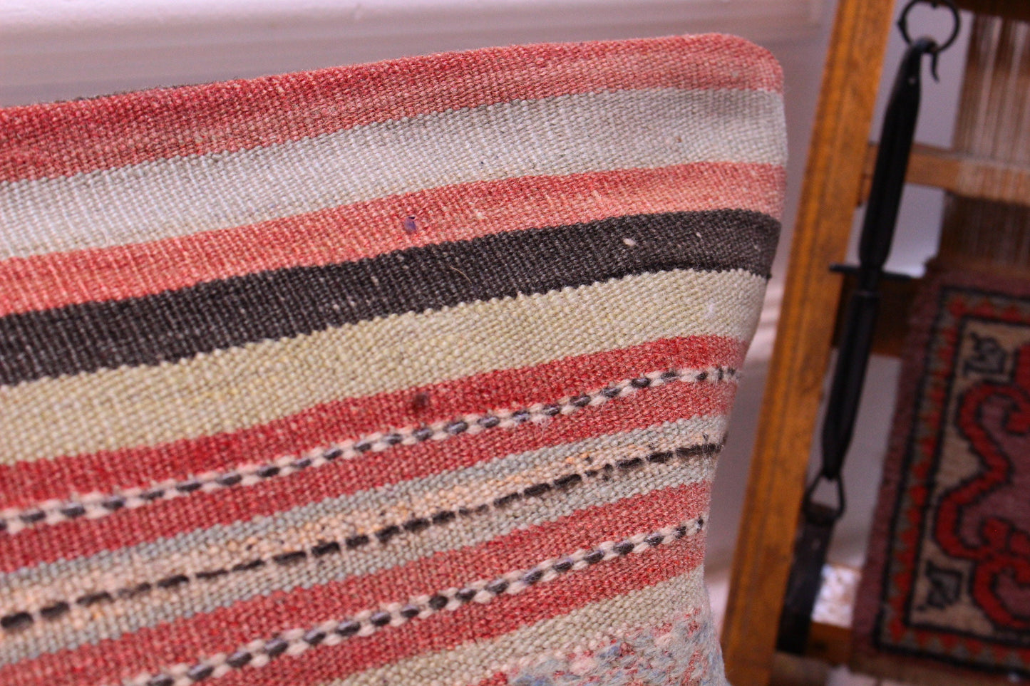 Turkish Kilim Lumbar Pillow Cover: Boho Organic Wool (12x24 inc)