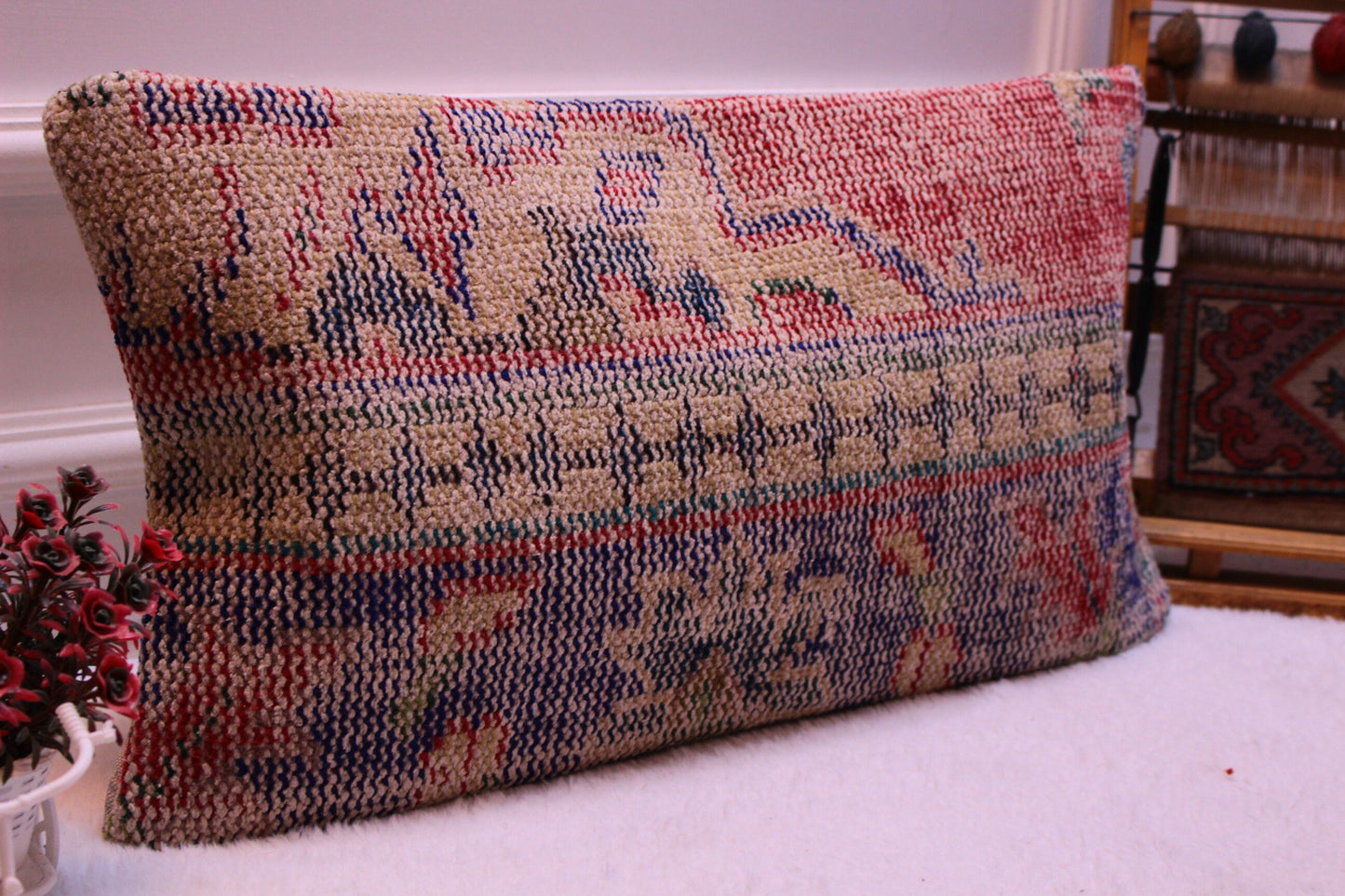 Vintage Anatolian Kilim Pillow Cover: Handmade Wool Lumbar Pillow (12x24 inc)