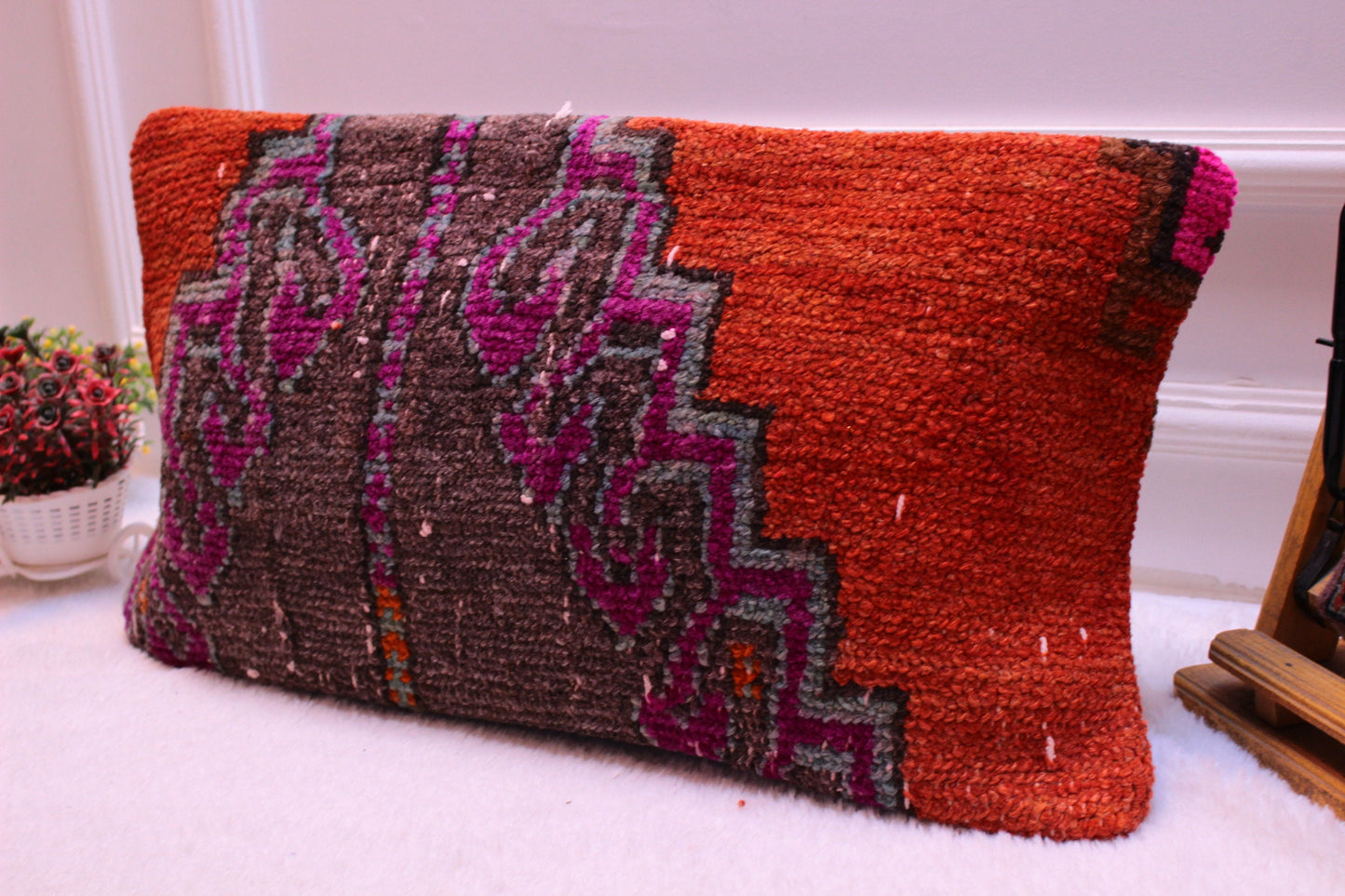 Handmade Kilim Pillow Cover: Upcycled Anatolian Rug, Boho Decor (12x24 inc)