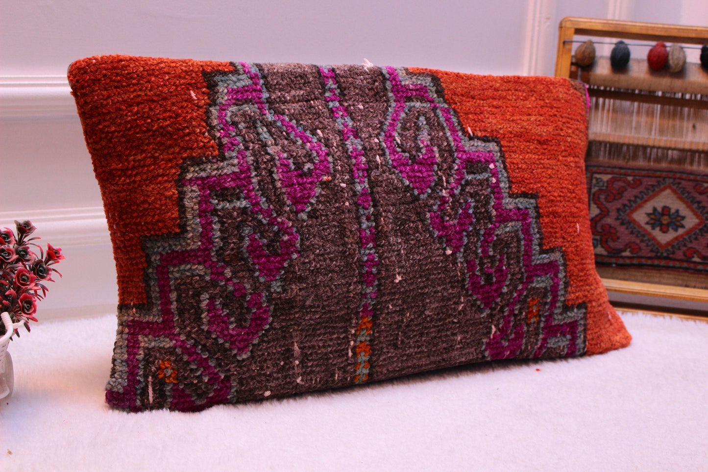 Handmade Kilim Pillow Cover: Upcycled Anatolian Rug, Boho Decor (12x24 inc)