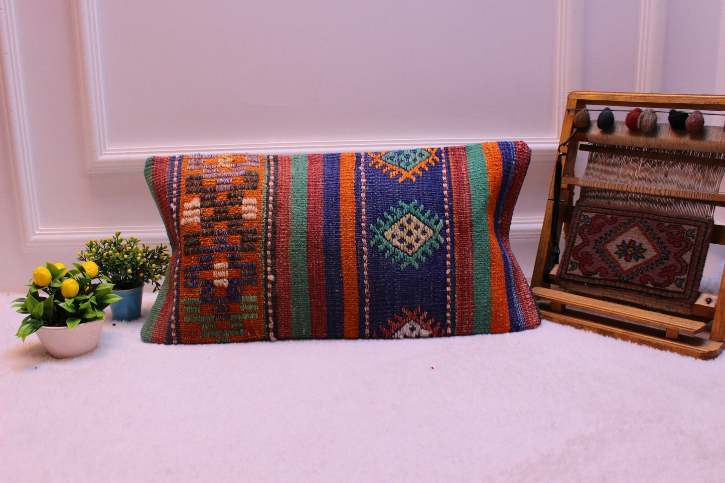 Ethnic Kilim Lumbar Pillow Cover: Turkish Woven Wool, 12x24 inch
