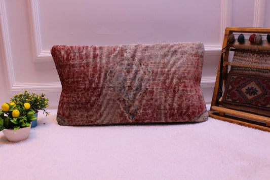 Vintage Turkish Rug Pillow Cover: 12x24 Red Wool Lumbar Cushion