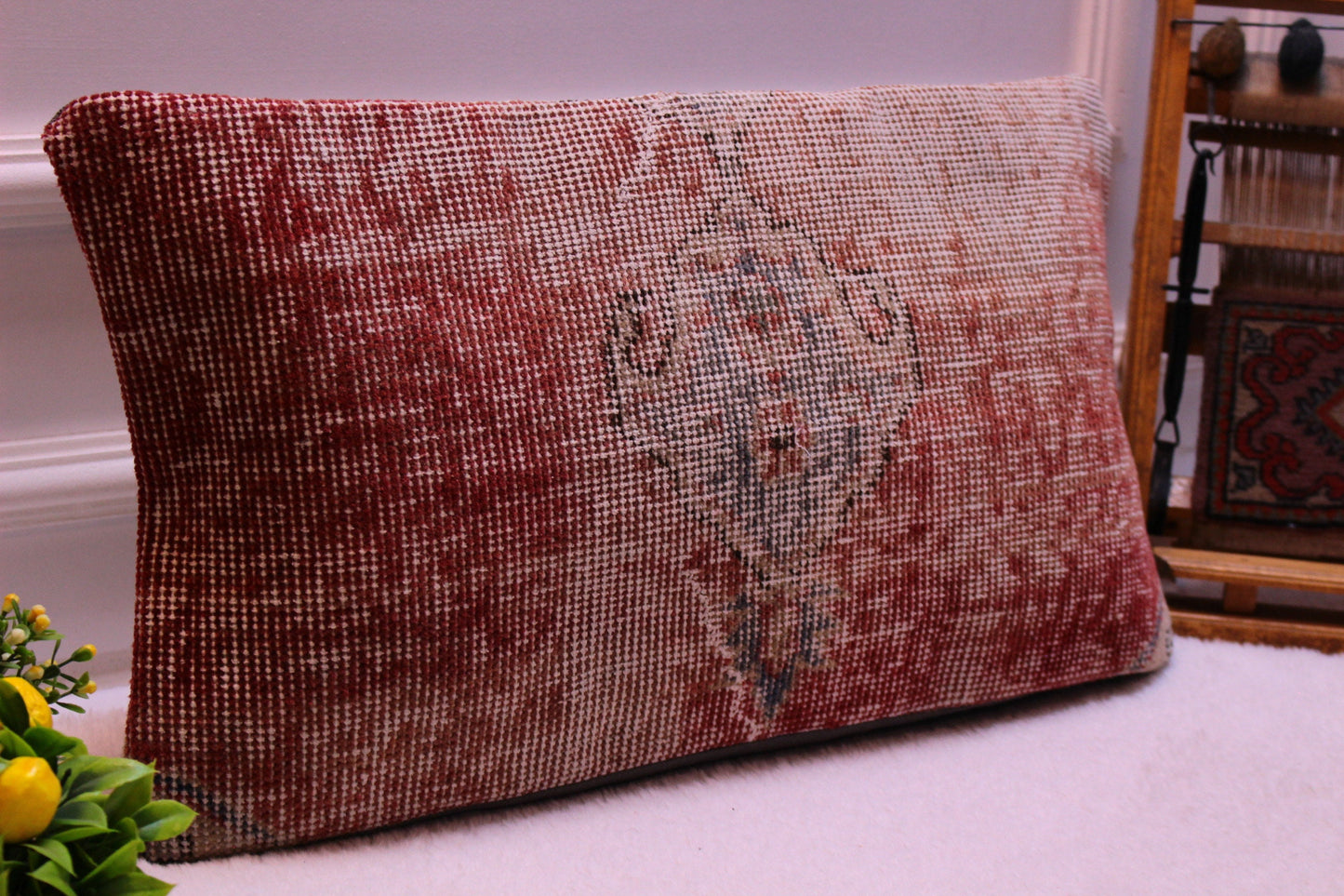 Vintage Turkish Rug Pillow Cover: 12x24 Red Wool Lumbar Cushion
