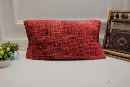 Red Overdyed Turkish Rug Lumbar Pillow Cover: 12x24 inc Handmade Kilim Pillow