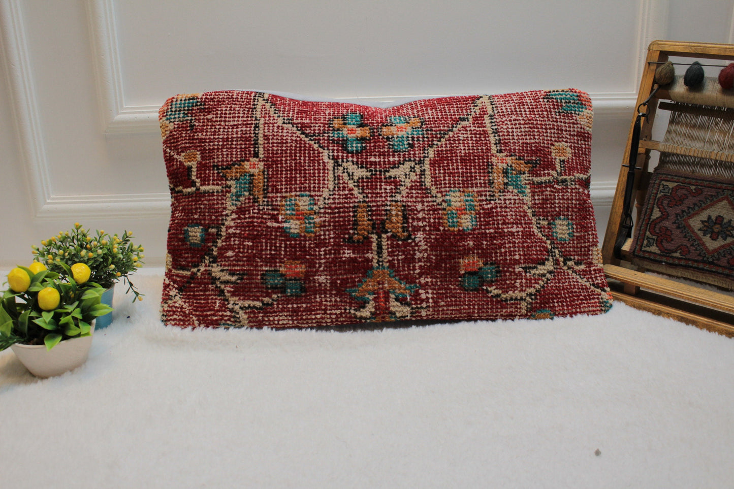 Handmade Turkish Kilim Pillow: Floral Woven Rug Pillow Cover (12x24 in)