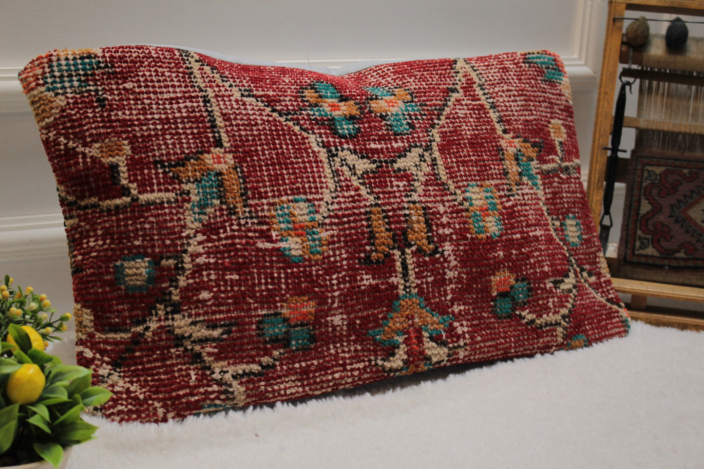 Handmade Turkish Kilim Pillow: Floral Woven Rug Pillow Cover (12x24 in)