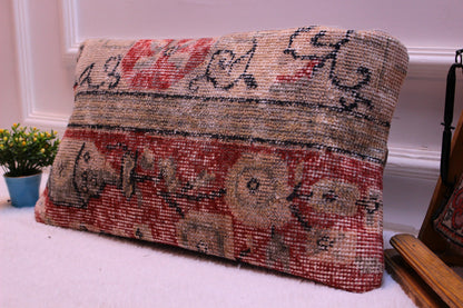 Vintage Turkish Rug Pillow Cover: Red Beige Kilim, 12x24 inch