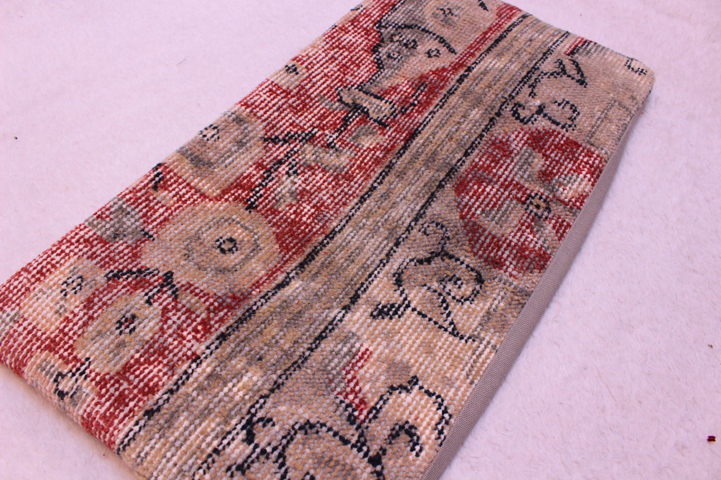 Vintage Turkish Rug Pillow Cover: Red Beige Kilim, 12x24 inch