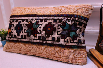 Boho Rug Pillow Cover: 12x24 inch, Upcycled Turkish Wool Kilim