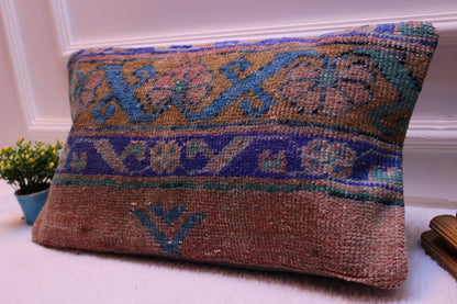 Vintage Turkish Kilim Pillow Cover: Faded Rug Lumbar, 12x24 inch
