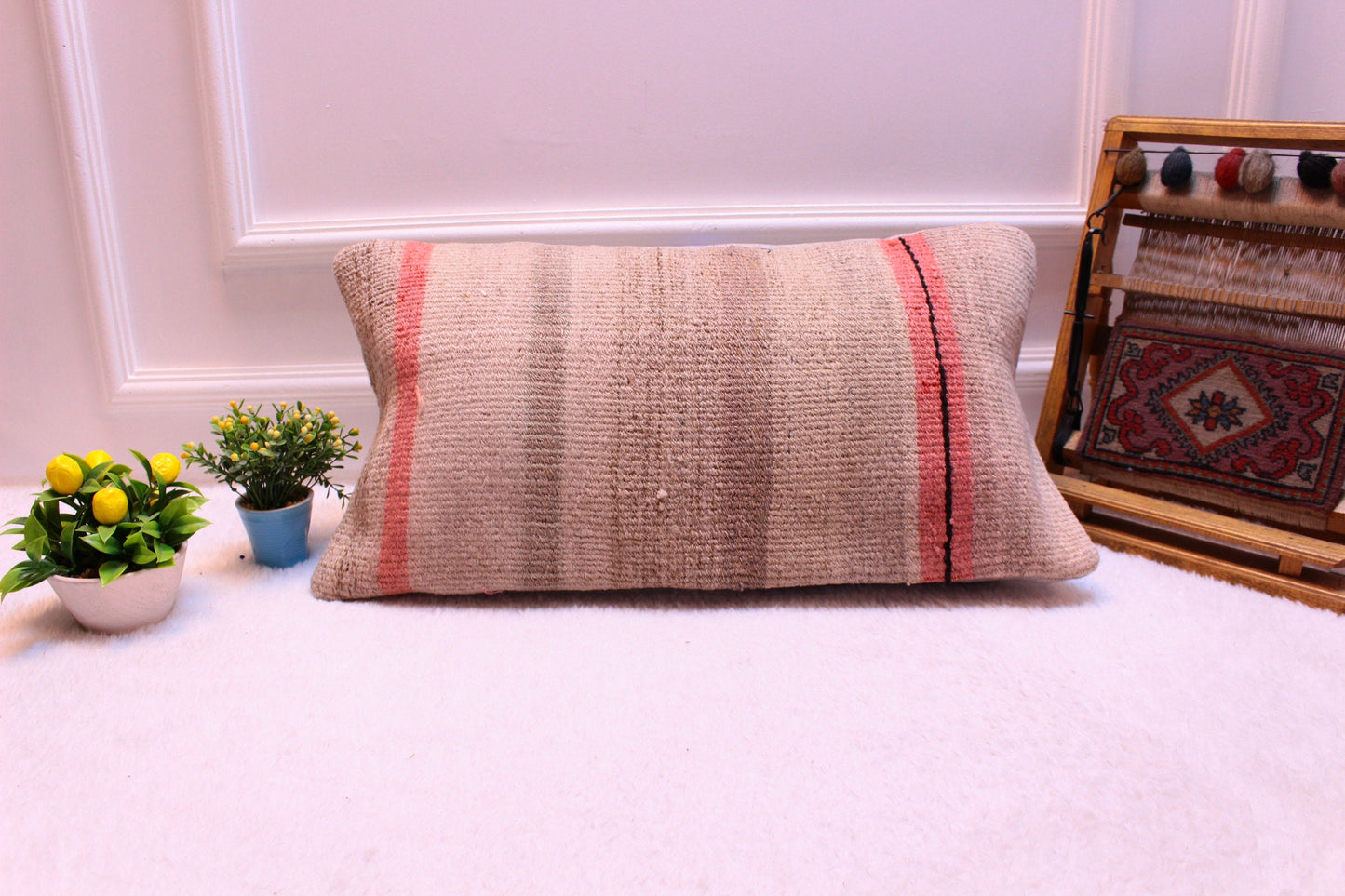 Handmade Kilim Pillow Cover: Organic Wool Turkish Cushion (12x24 inc)