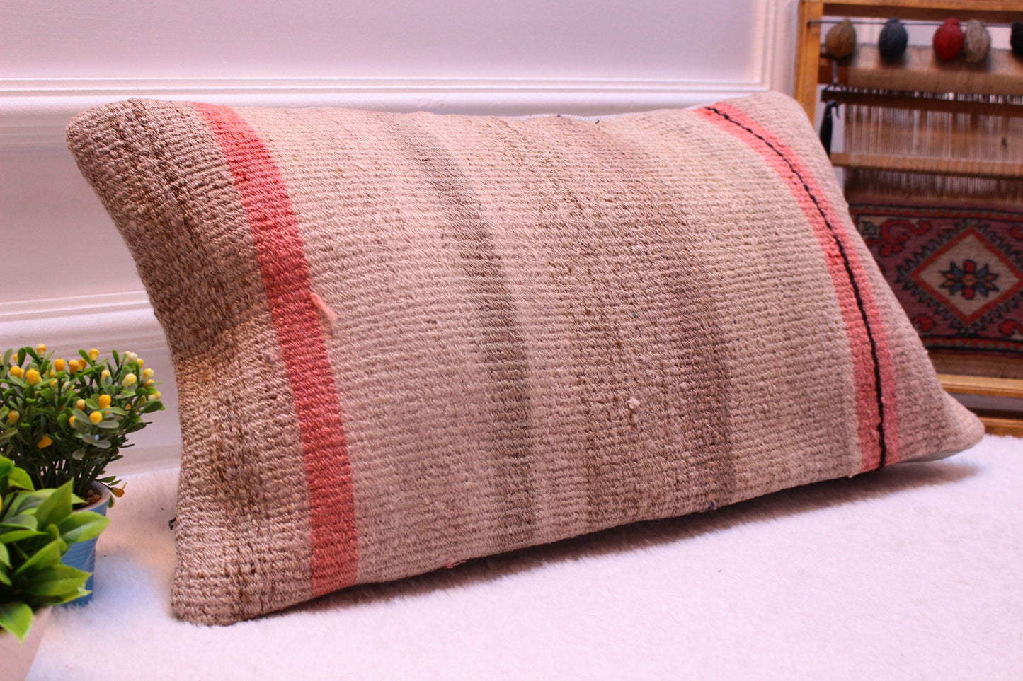 Handmade Kilim Pillow Cover: Organic Wool Turkish Cushion (12x24 inc)