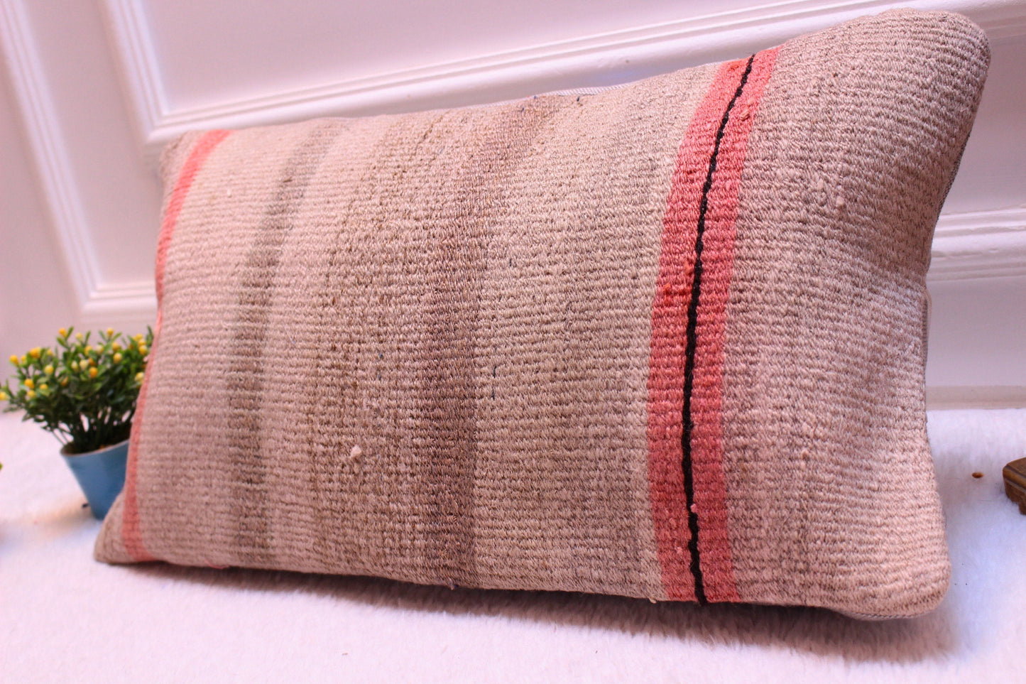 Handmade Kilim Pillow Cover: Organic Wool Turkish Cushion (12x24 inc)