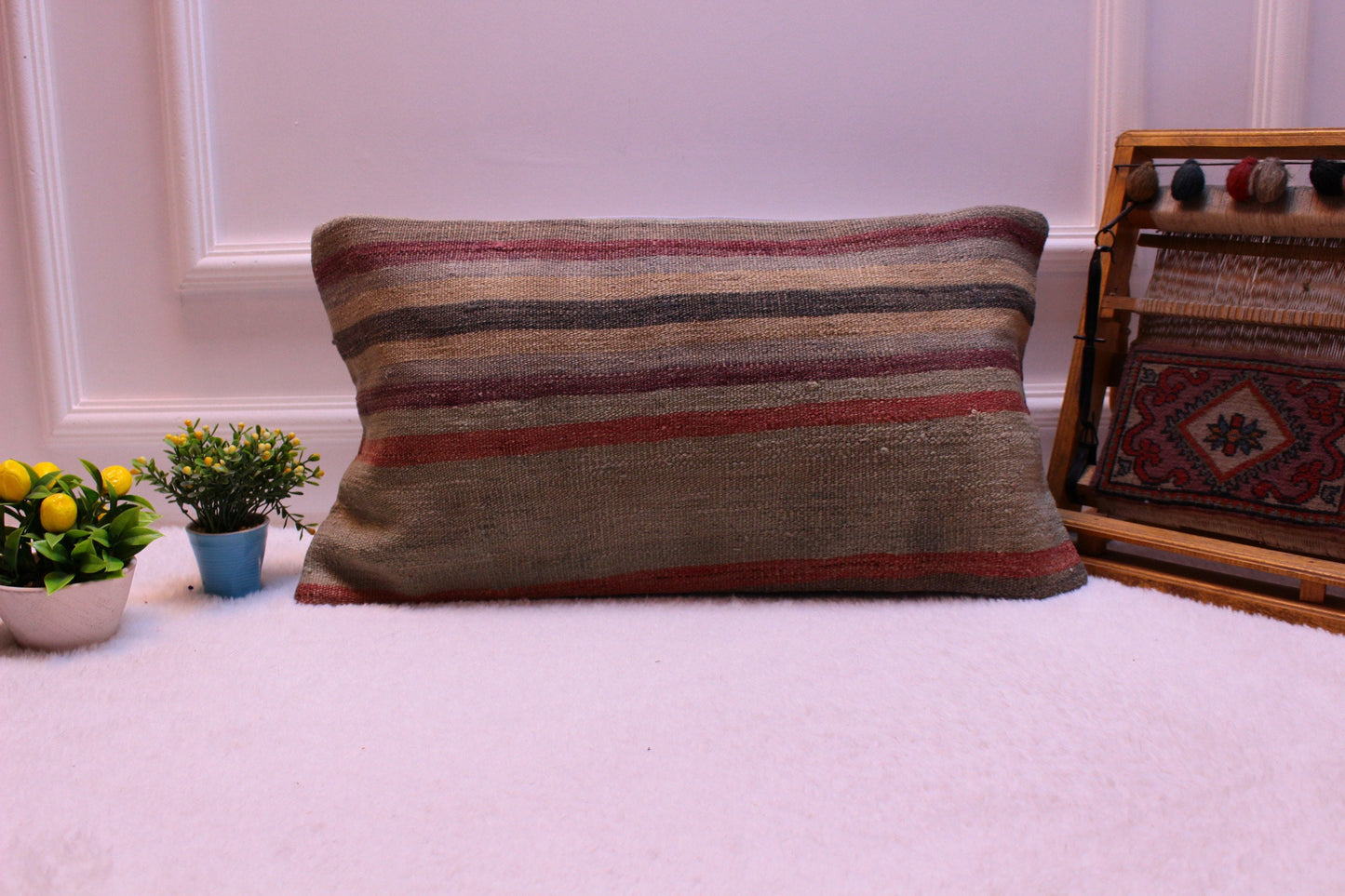 Striped Kilim Lumbar Pillow: Organic Wool, Handmade (12x24 in)