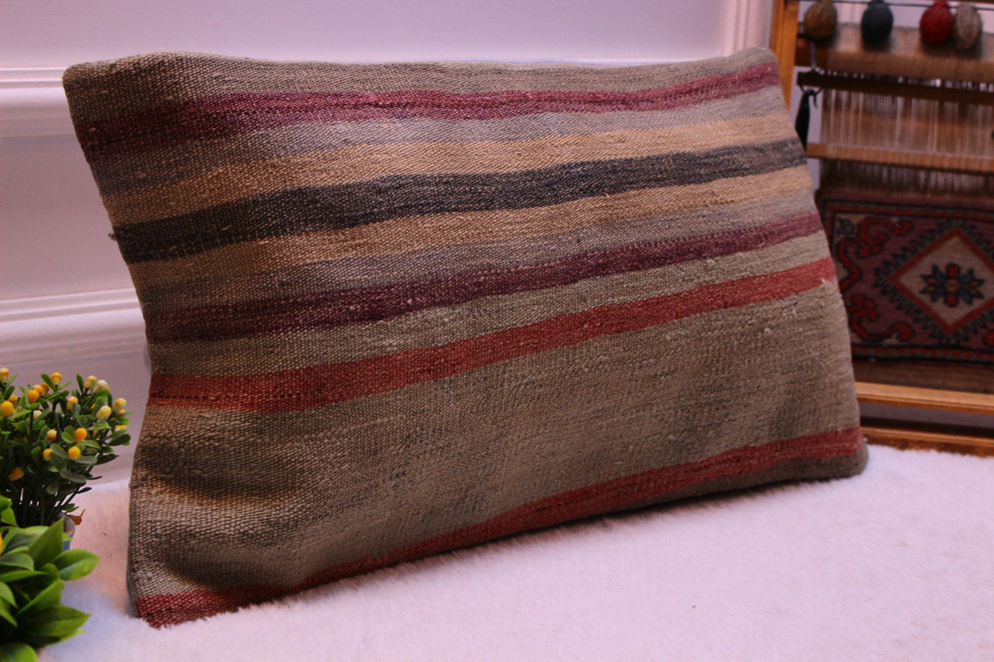 Striped Kilim Lumbar Pillow: Organic Wool, Handmade (12x24 in)