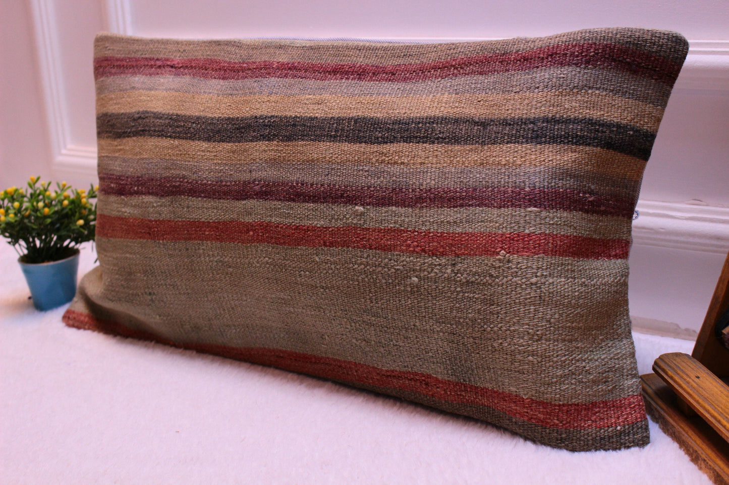 Striped Kilim Lumbar Pillow: Organic Wool, Handmade (12x24 in)