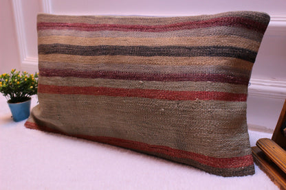 Striped Kilim Lumbar Pillow: Organic Wool, Handmade (12x24 in)