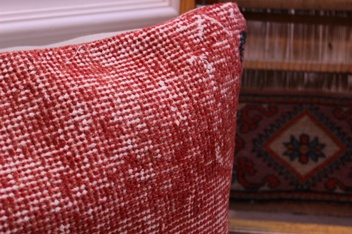 Red Turkish Rug Lumbar Pillow: 12x24 Boho Decor, Organic Wool