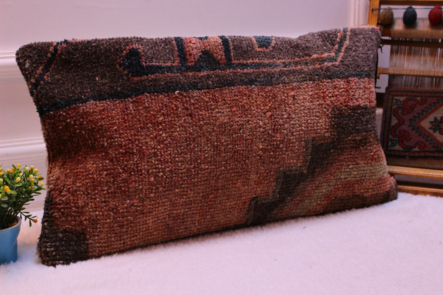 Handmade Turkish Rug Lumbar Pillow: Upcycled Woven Wool, 12x24 inch