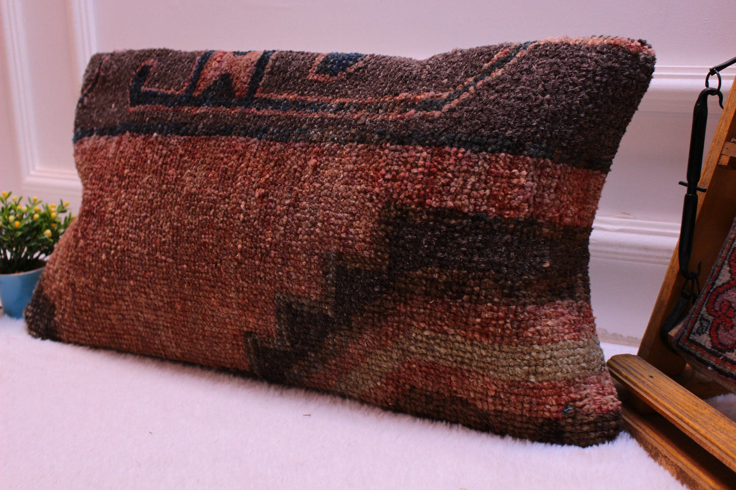 Handmade Turkish Rug Lumbar Pillow: Upcycled Woven Wool, 12x24 inch