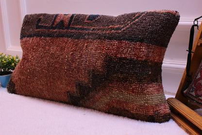 Handmade Turkish Rug Lumbar Pillow: Upcycled Woven Wool, 12x24 inch
