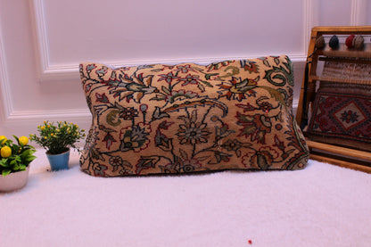 Floral Kilim Pillow Cover: Upcycled Turkish Rug, 12x24 inch