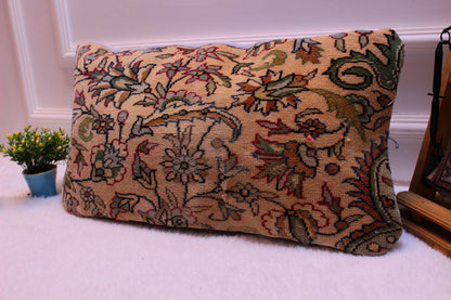 Floral Kilim Pillow Cover: Upcycled Turkish Rug, 12x24 inch